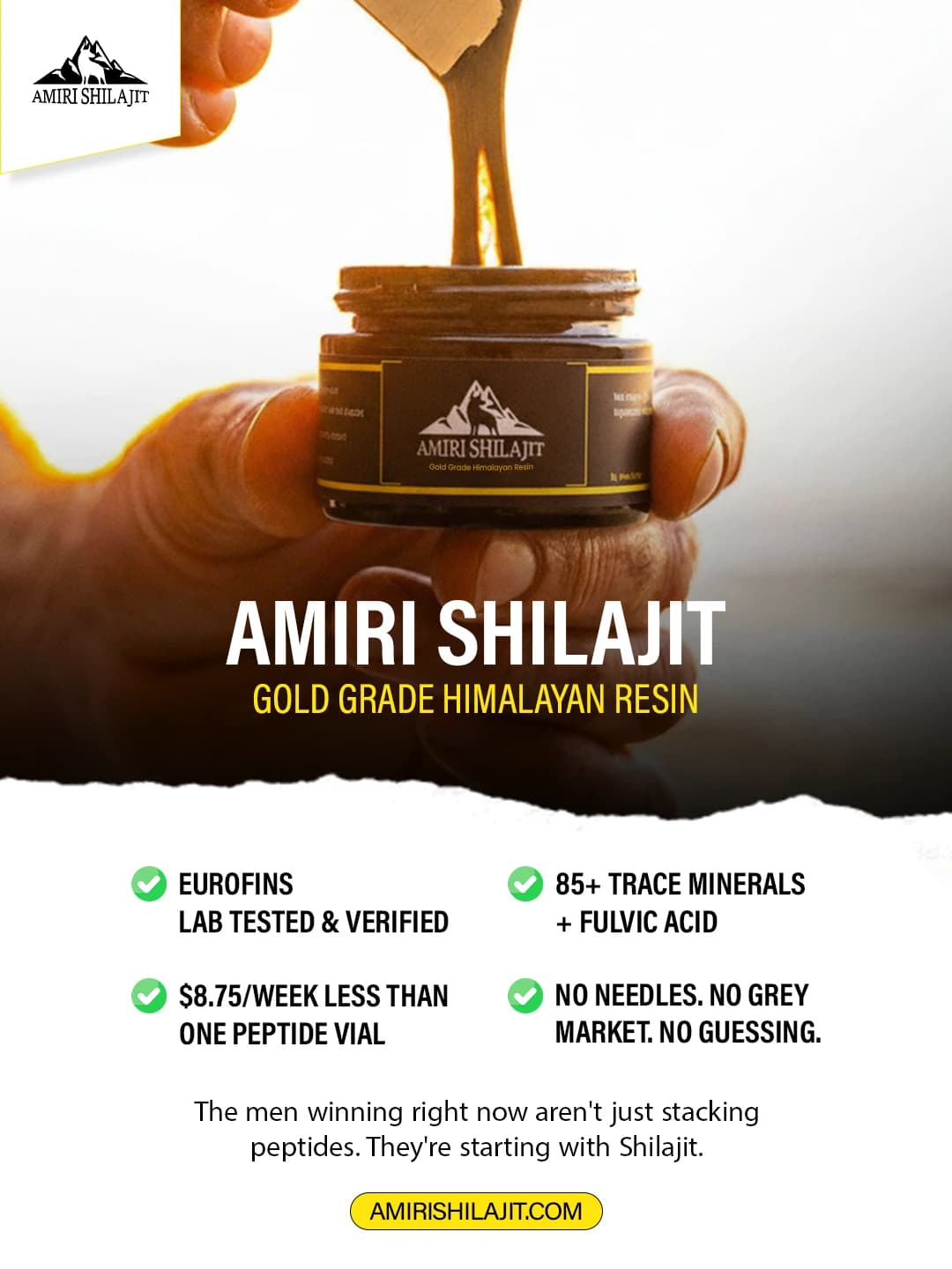 Amiri Shilajit social media post: Gold Grade Himalayan Resin
