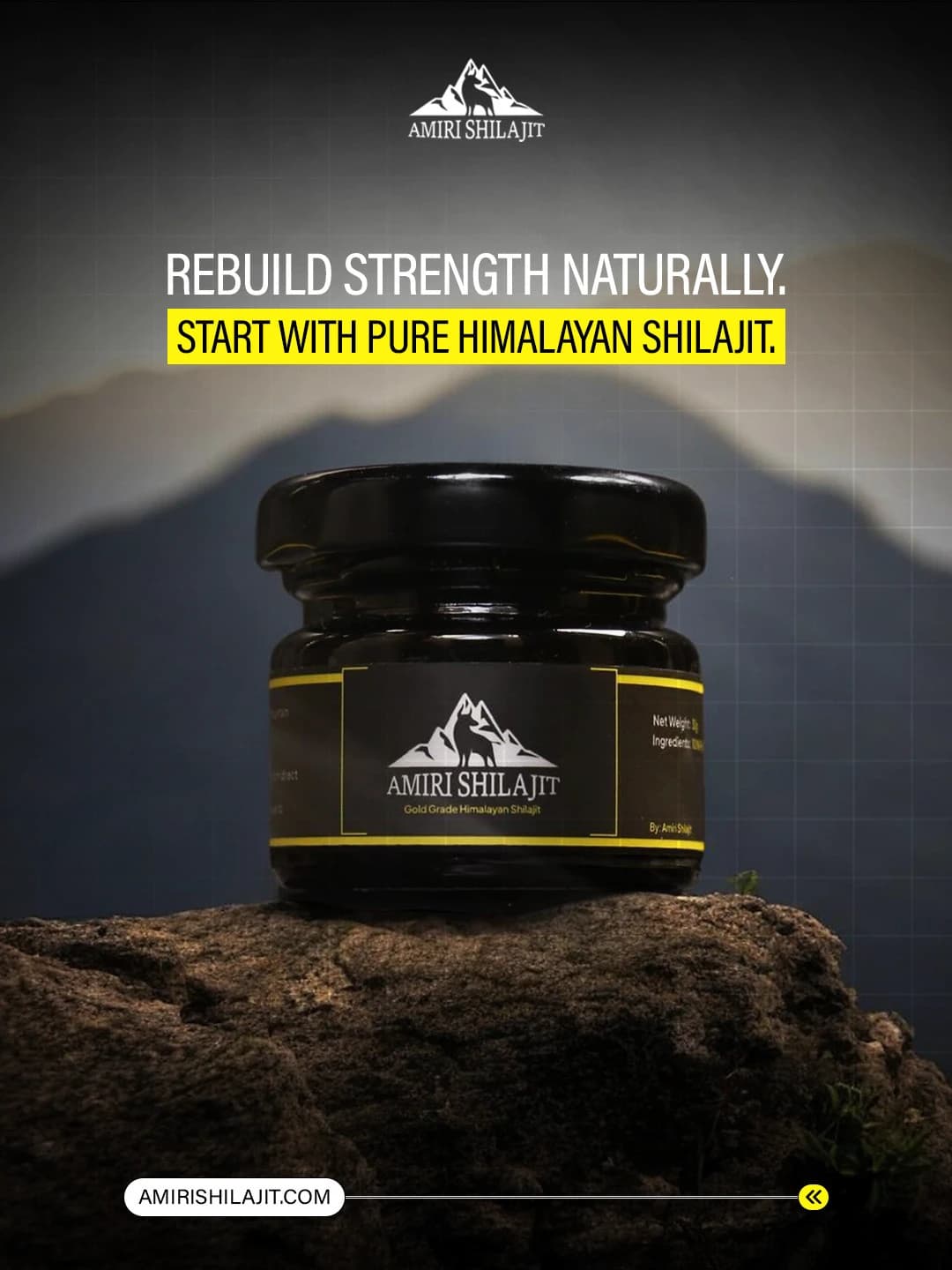 Amiri Shilajit social media post: Rebuild Strength Naturally