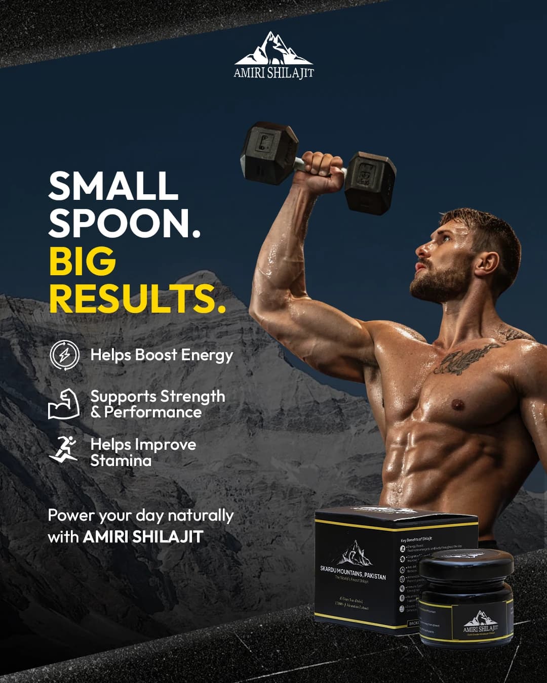 Amiri Shilajit social media post: Small Spoon. Big Results.