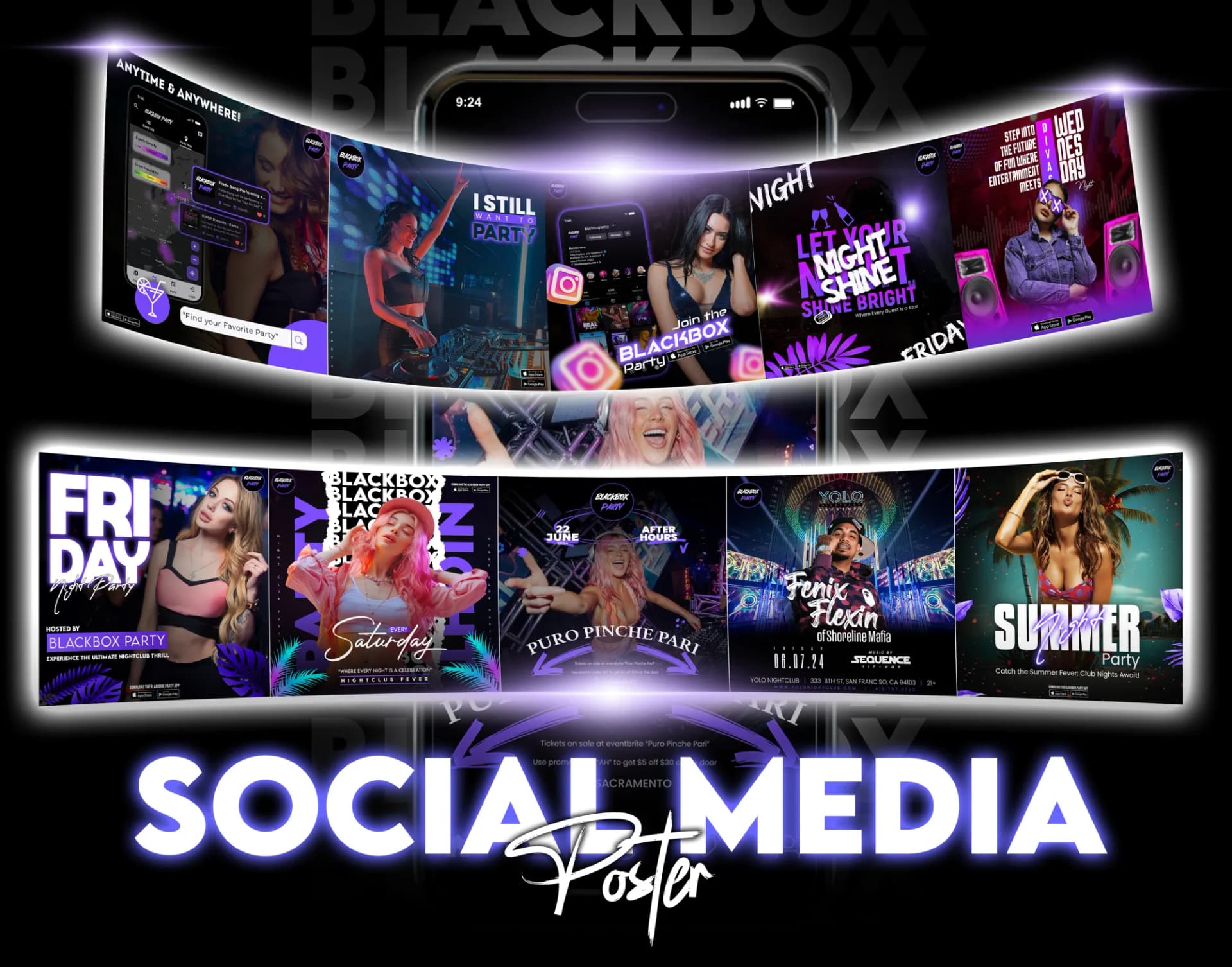 BlackBox Party social media post: Social media poster collage for BlackBox Party events.