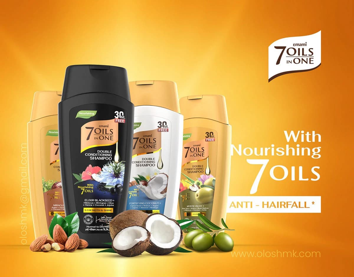 Multiple Brands social media post: 7 Oils in One hair oil product ad.