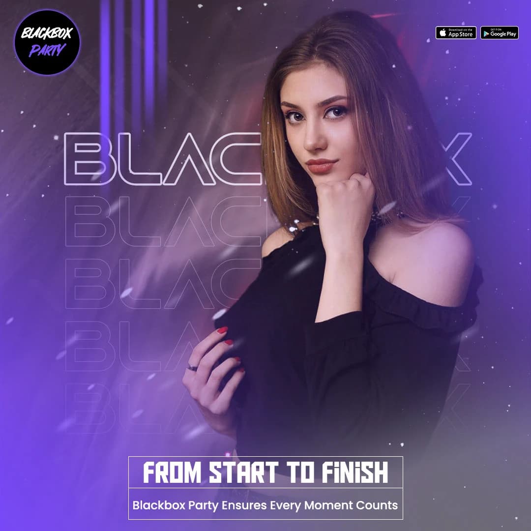 BlackBox Party social media post: "From start to finish" app promo.