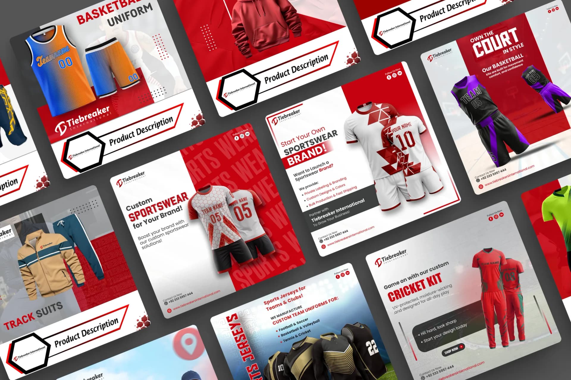 Multiple Brands social media post: Sportswear and cricket kit product posts.