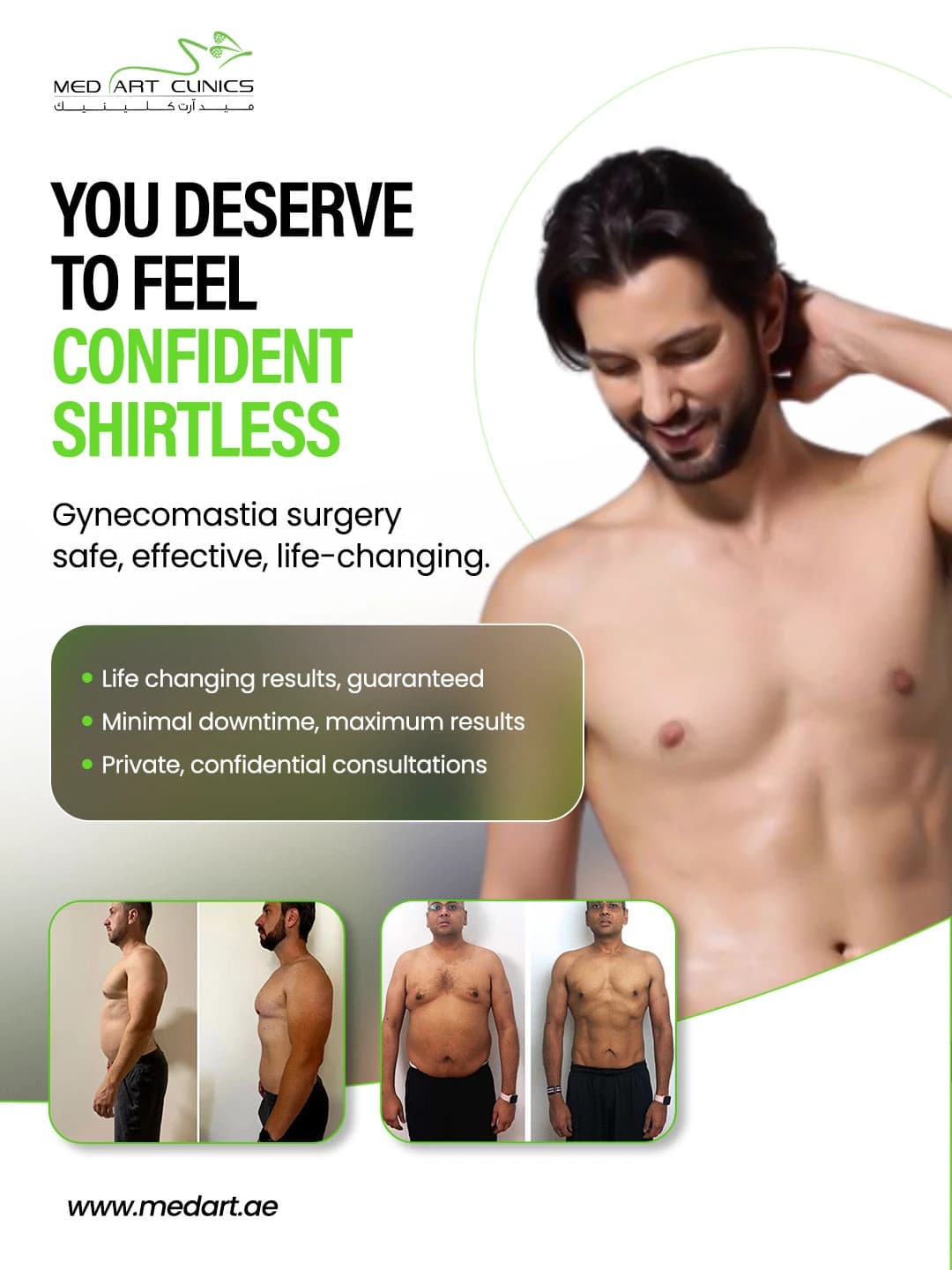 Aesthetic & Dental Clinics social media post: Gynecomastia surgery consultation promo.
