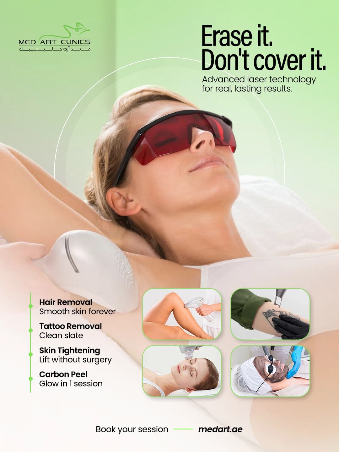 Aesthetic & Dental Clinics social media post: Laser hair removal and skin treatment promo.