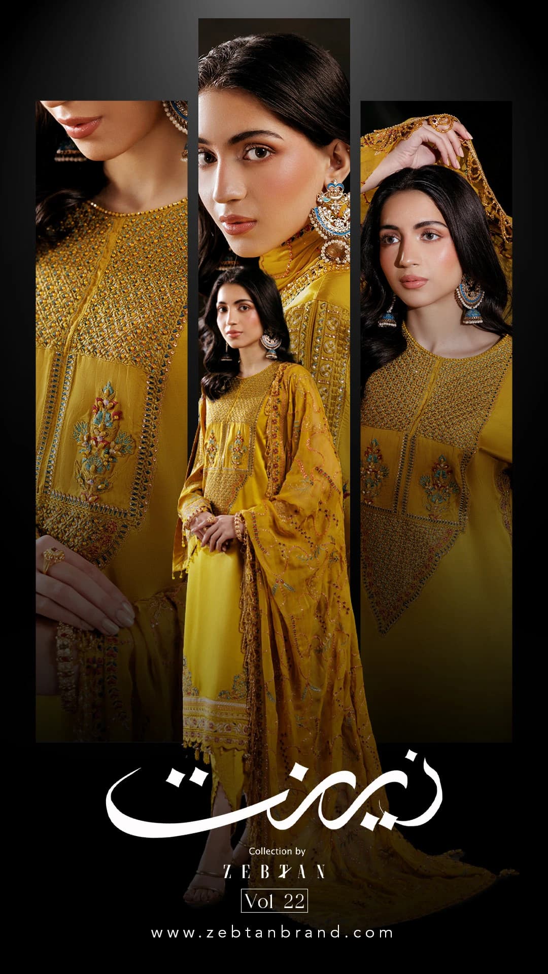 Zeenat social media post: Product post featuring a yellow embroidered outfit.