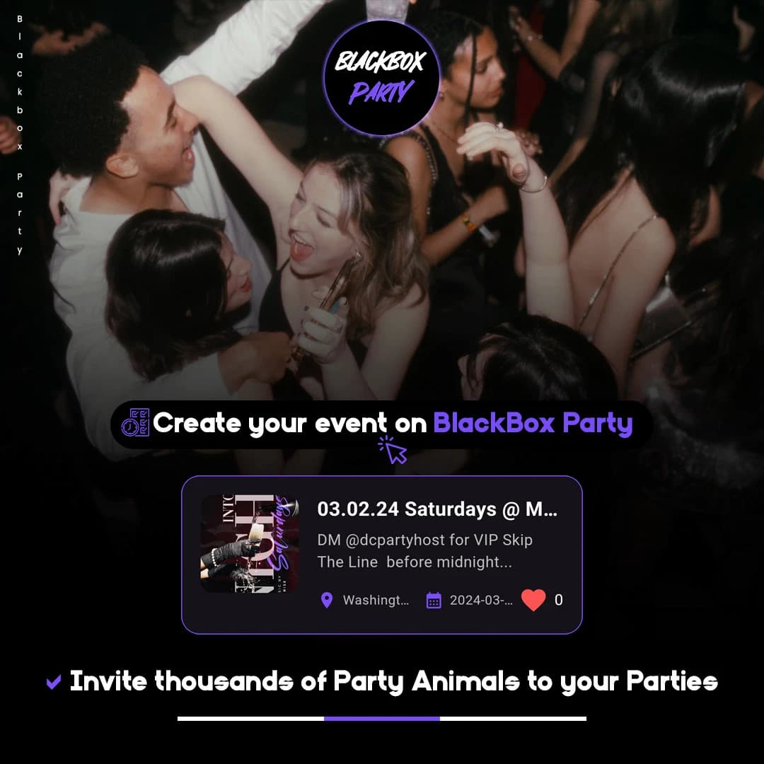 BlackBox Party social media post: "Create your event on BlackBox Party" app promo.