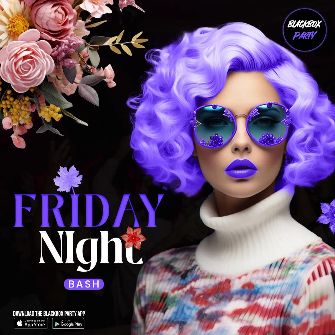 BlackBox Party social media post: Friday Night Bash event poster.