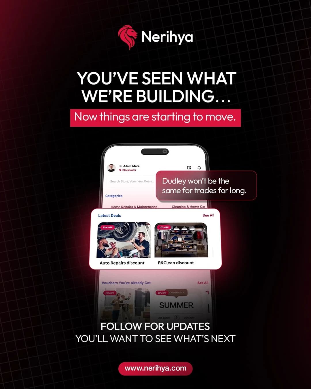 Nerihya social media post: "You've seen what we're building" product teaser.