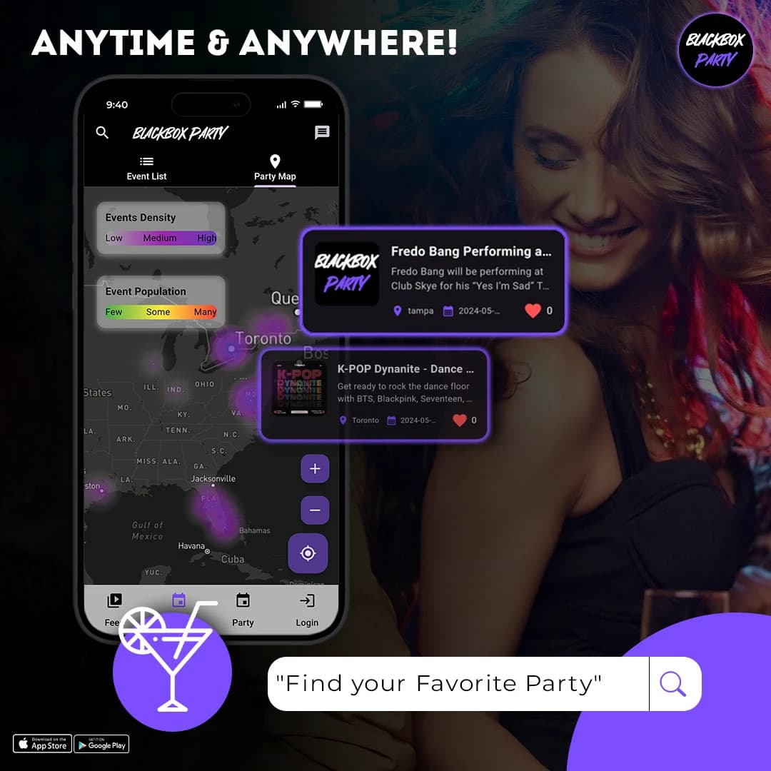 BlackBox Party social media post: "Anytime & anywhere" party discovery app promo.