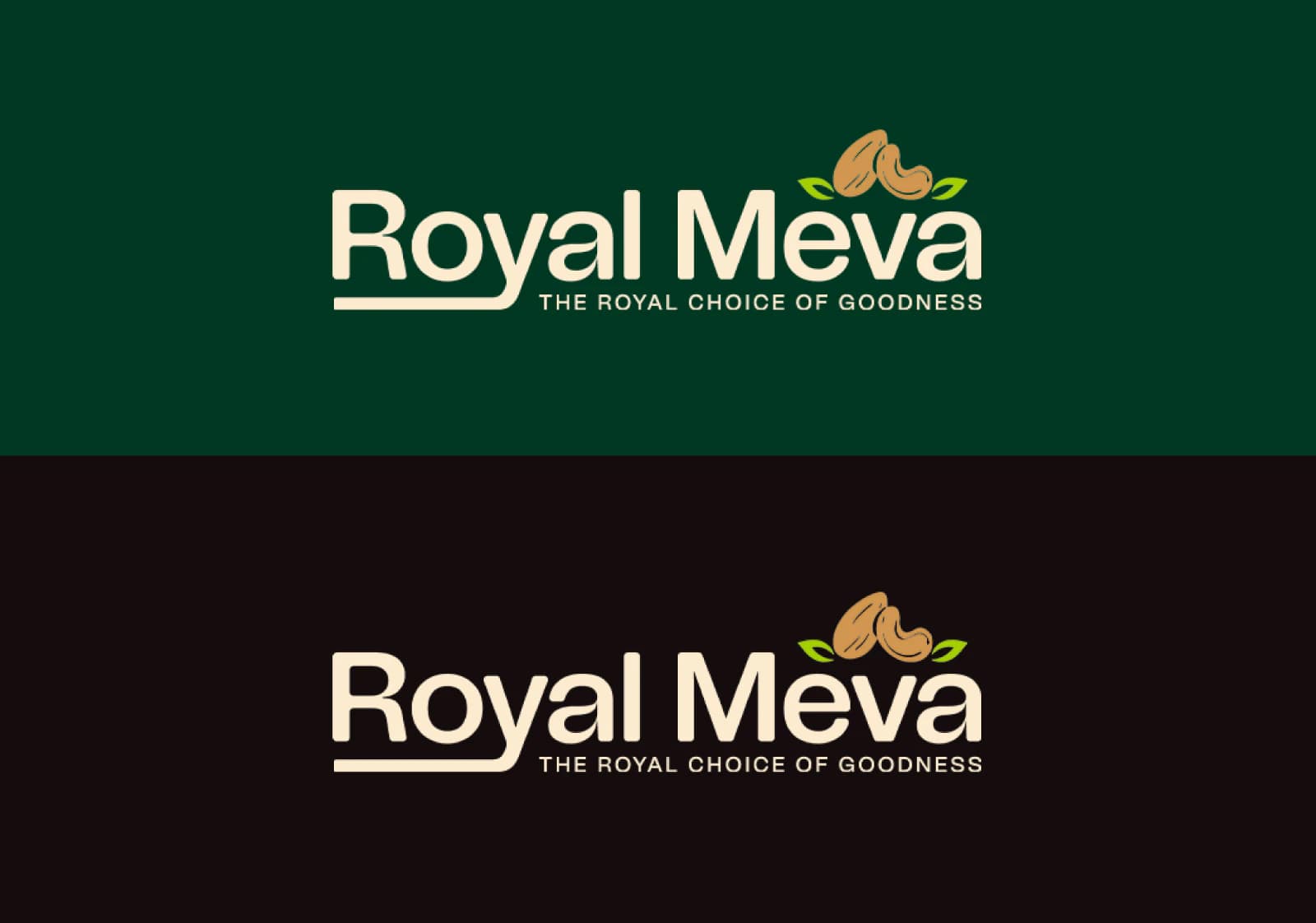 Royal Meva logo on green and near-black backgrounds