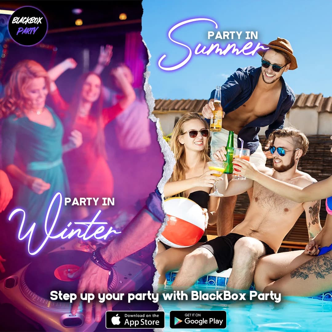 BlackBox Party social media post: Summer and winter party season promo.