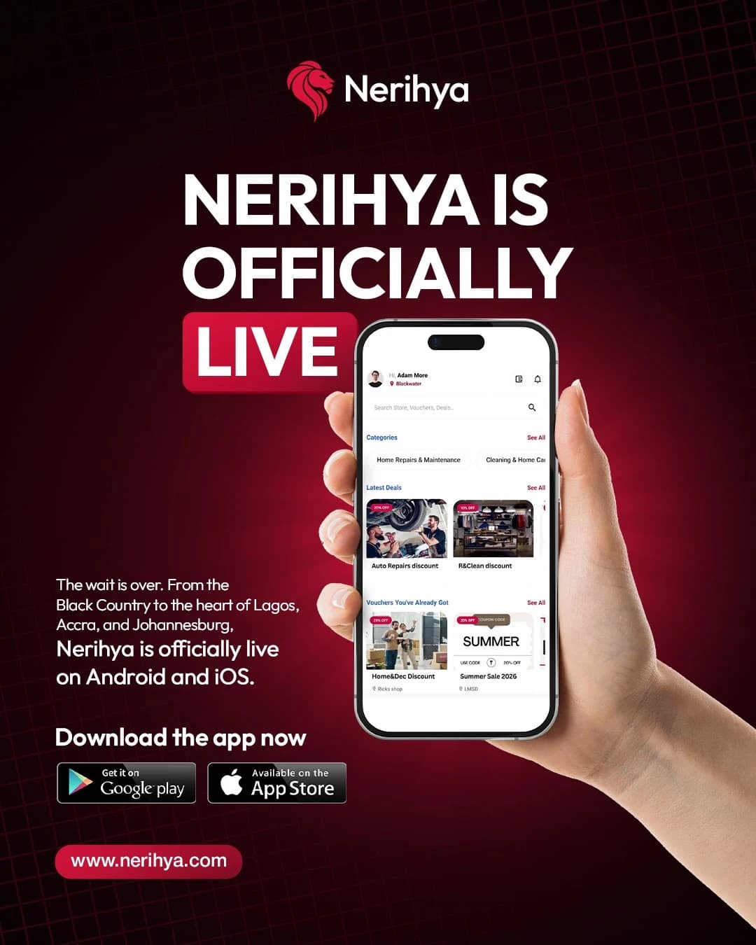 Nerihya social media post: "Nerihya is officially live" app launch announcement.