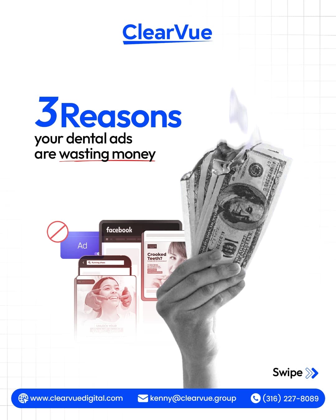 Healthcare Marketing social media post: Carousel: 3 reasons your dental ads are wasting money.