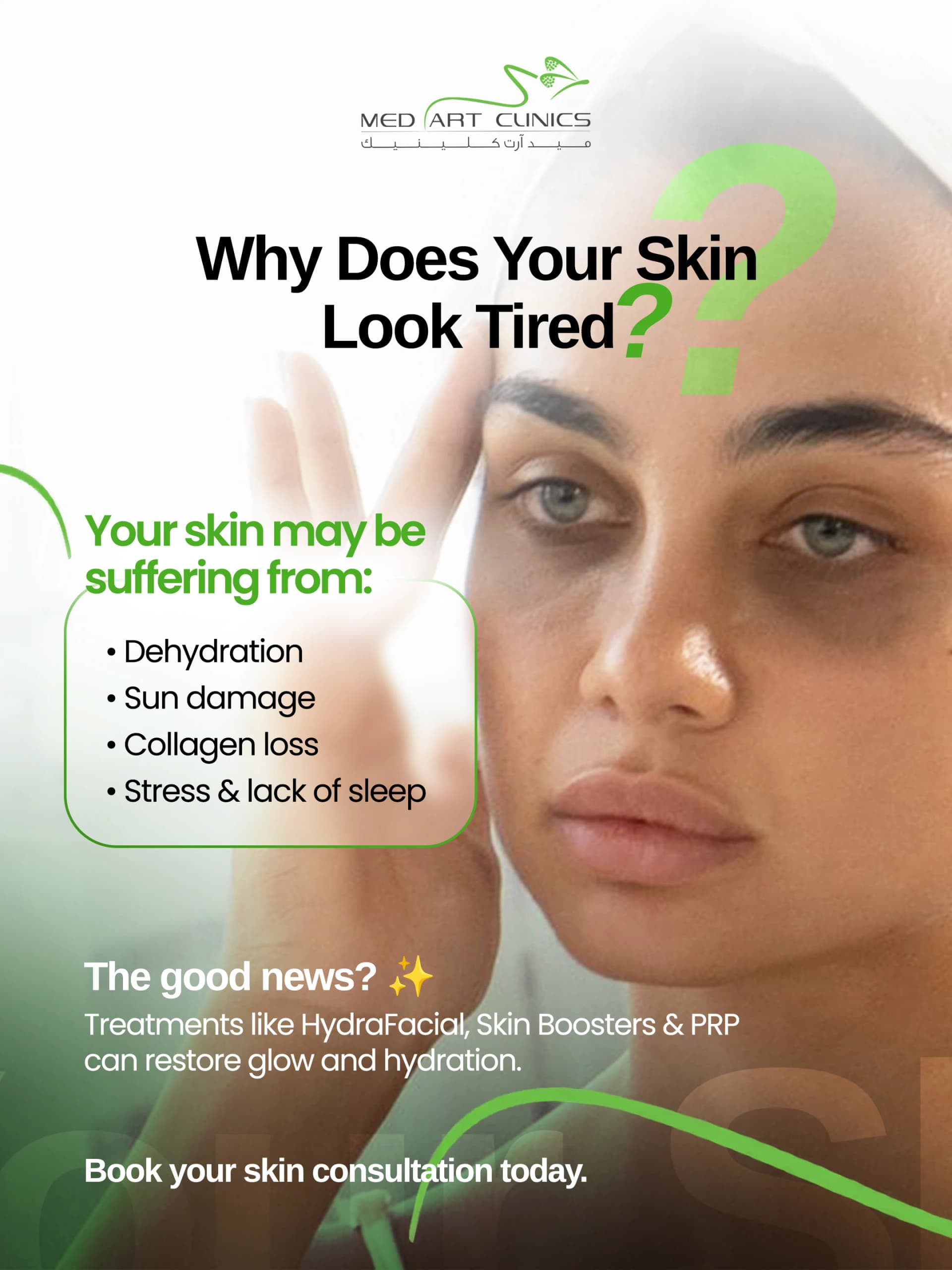 Aesthetic & Dental Clinics social media post: "Why does your skin look tired?" treatment post.