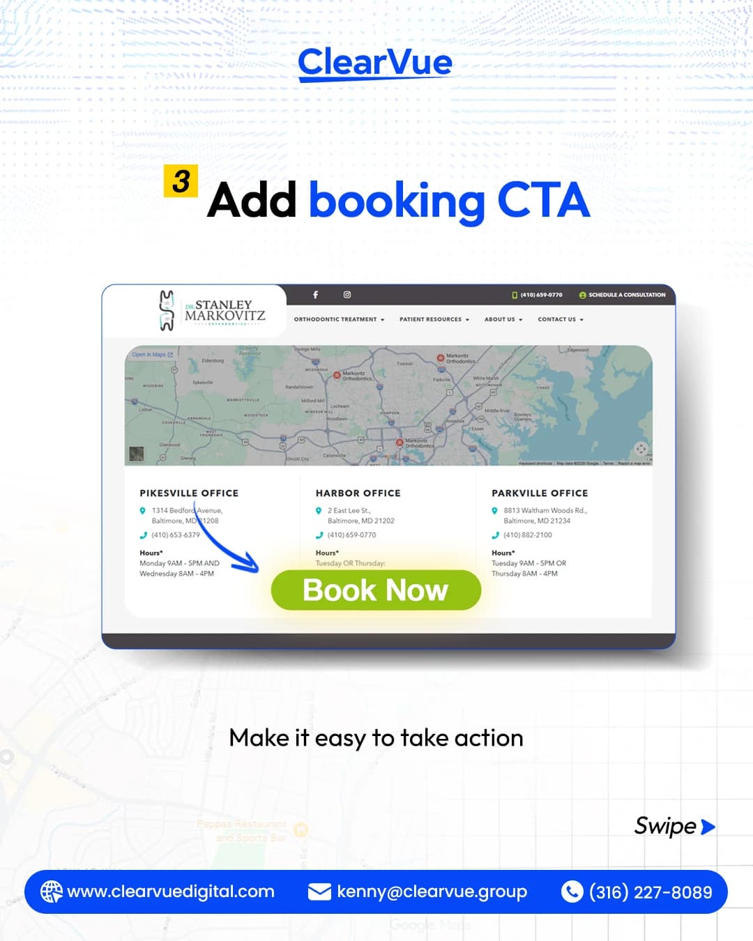 Healthcare Marketing social media post: Booking call-to-action explainer for clinic websites.