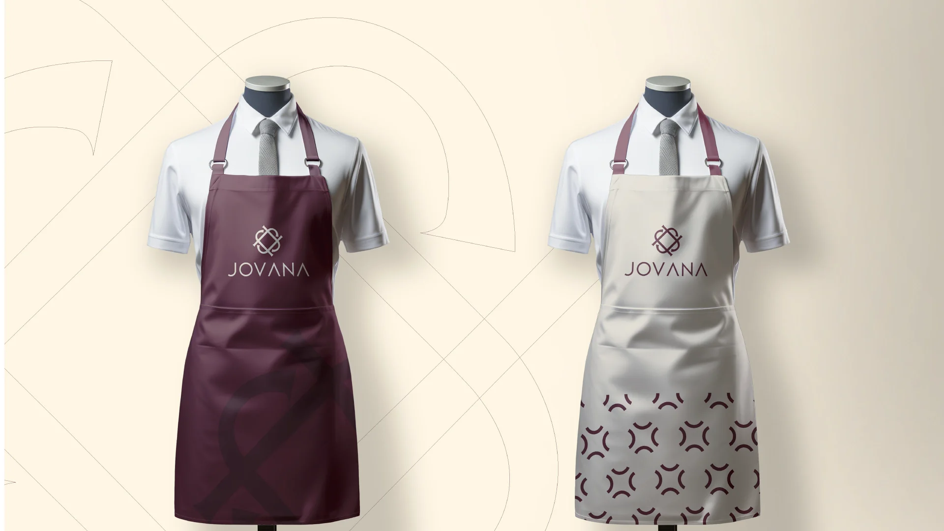 Jovana branded aprons in burgundy and monogram pattern
