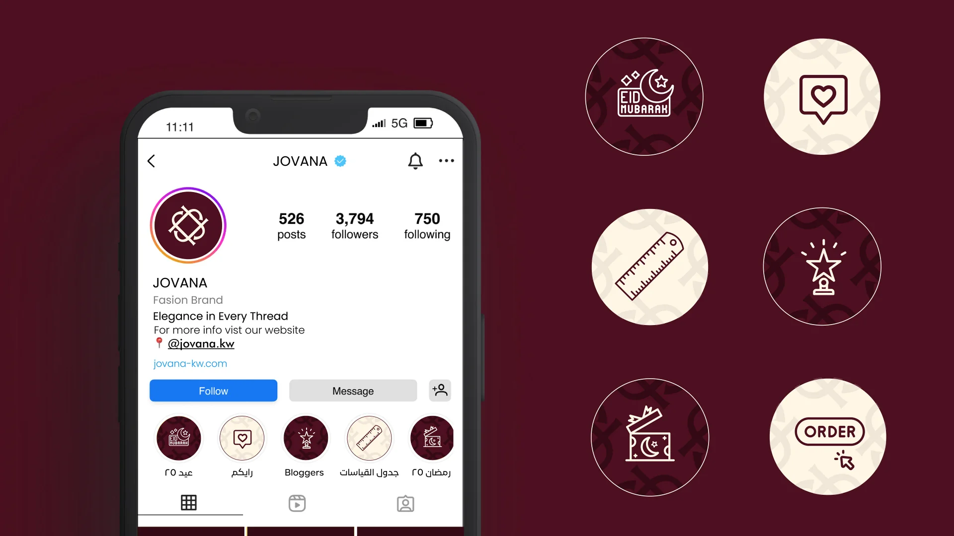 Jovana Instagram profile mockup with branded story highlight icons