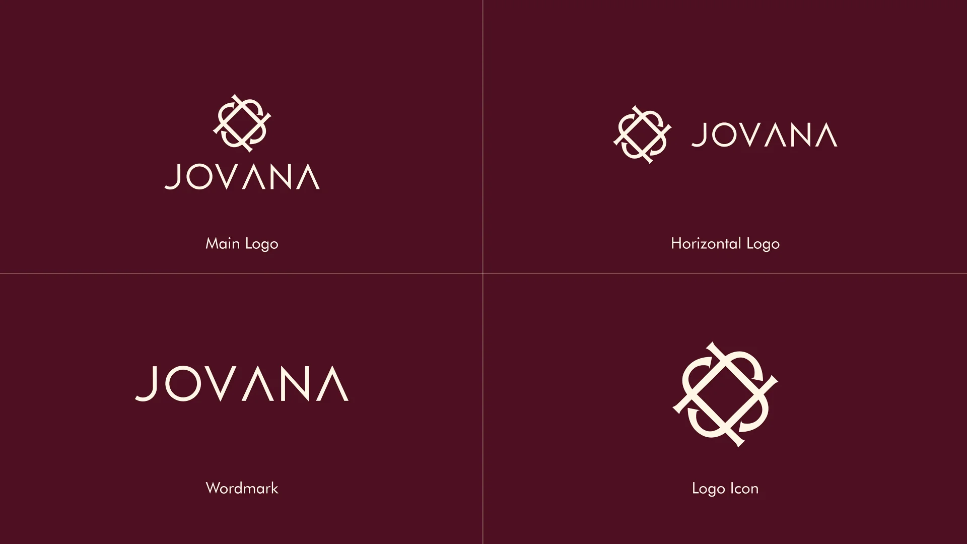 Jovana logo variations: main logo, horizontal logo, wordmark and monogram icon