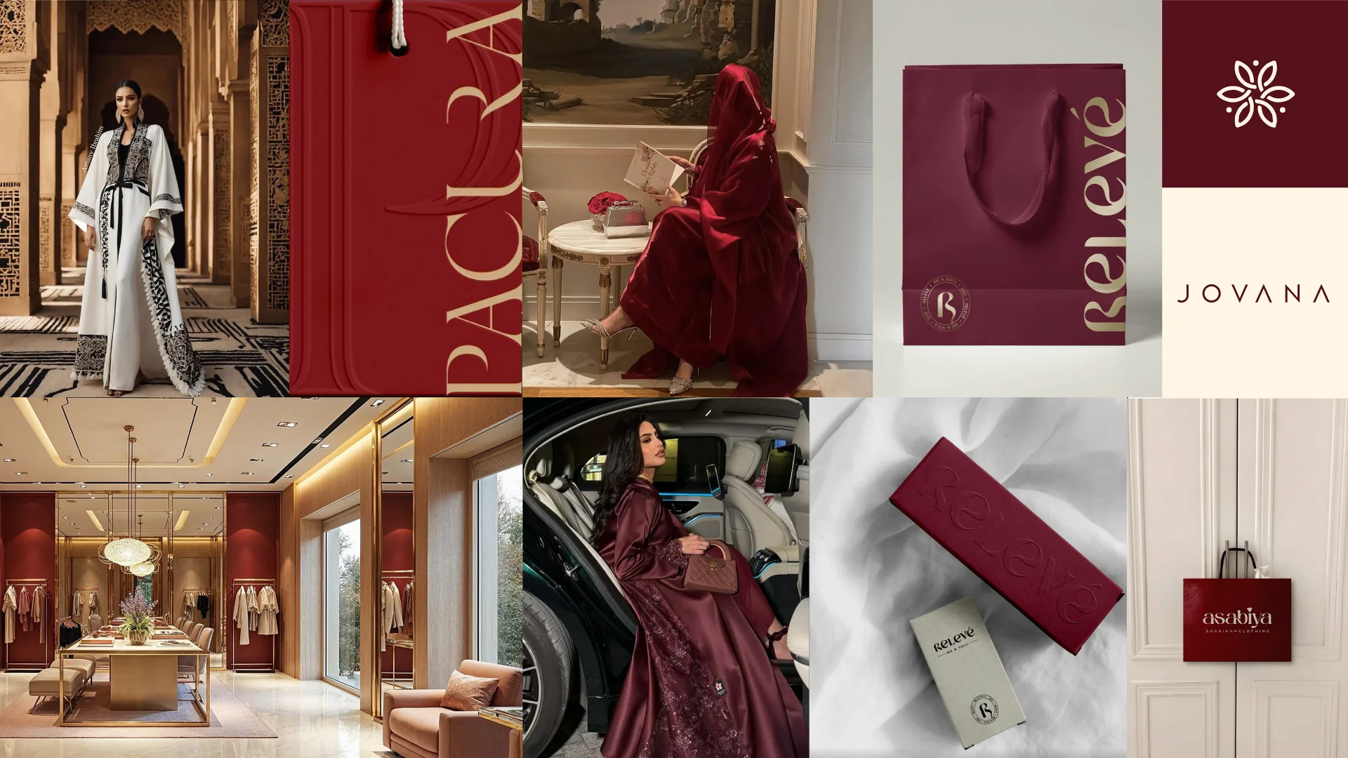 Jovana brand moodboard with burgundy fashion, retail and lifestyle imagery